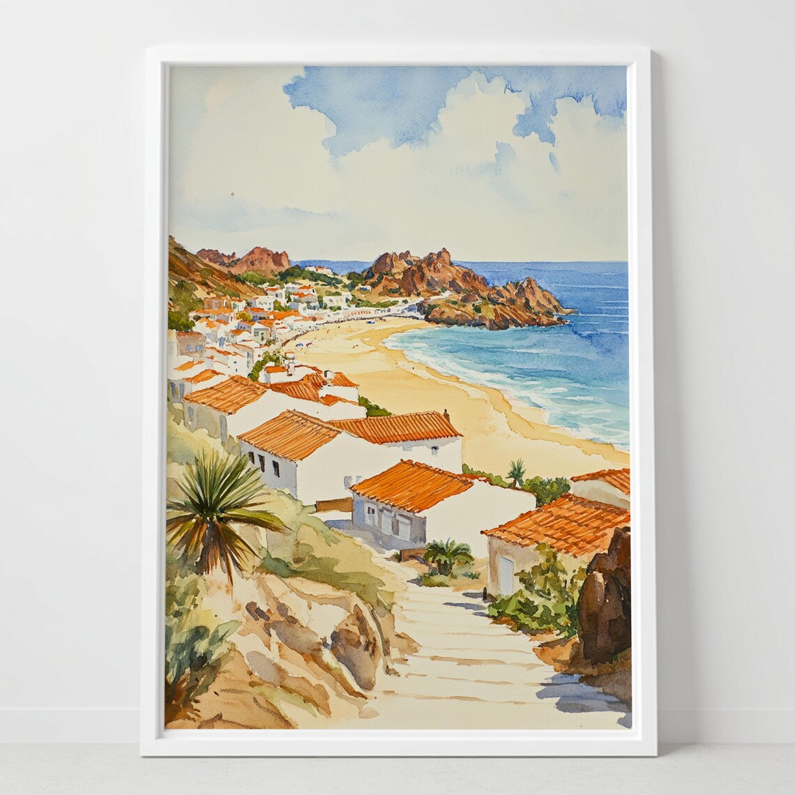 Porto Santo Portugal Watercolor Coastal Village Beach Scene Travel Poster