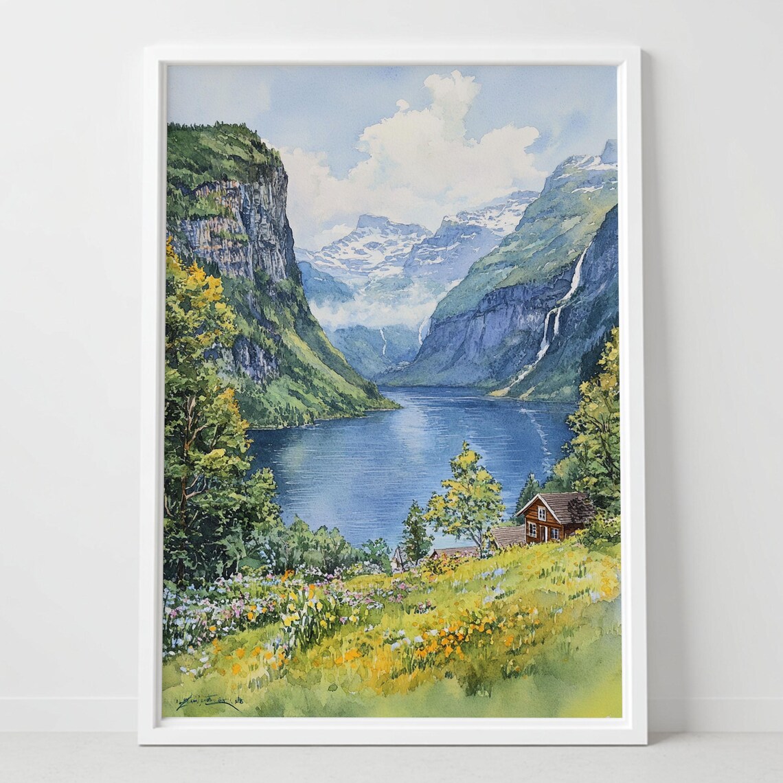 Geirangerfjord Norway Watercolor Fjord Waterfall Cabin Art Poster