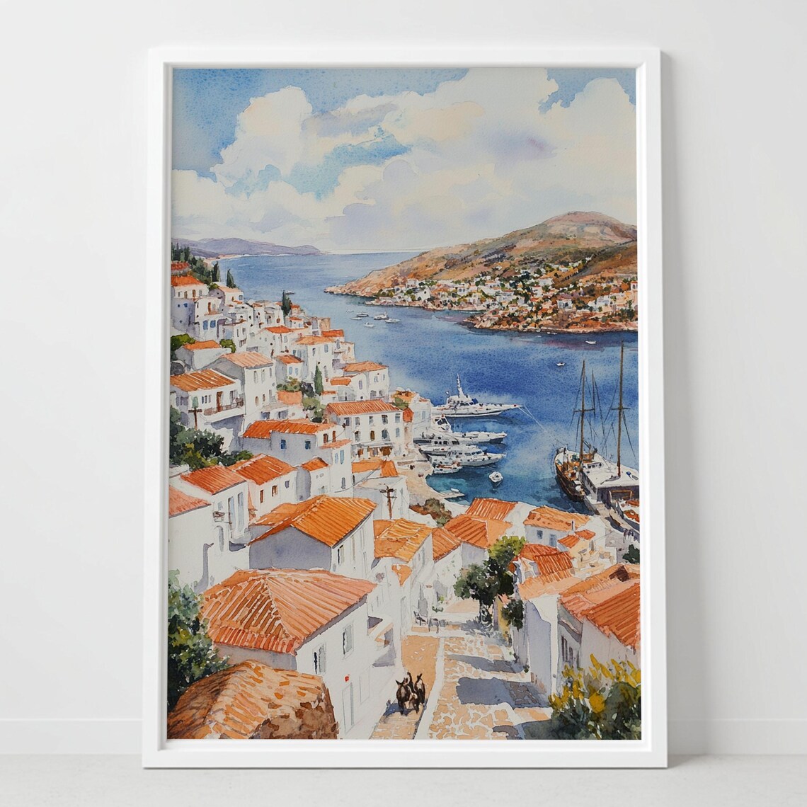 Hydra Greece Watercolor Travel Poster, Mediterranean