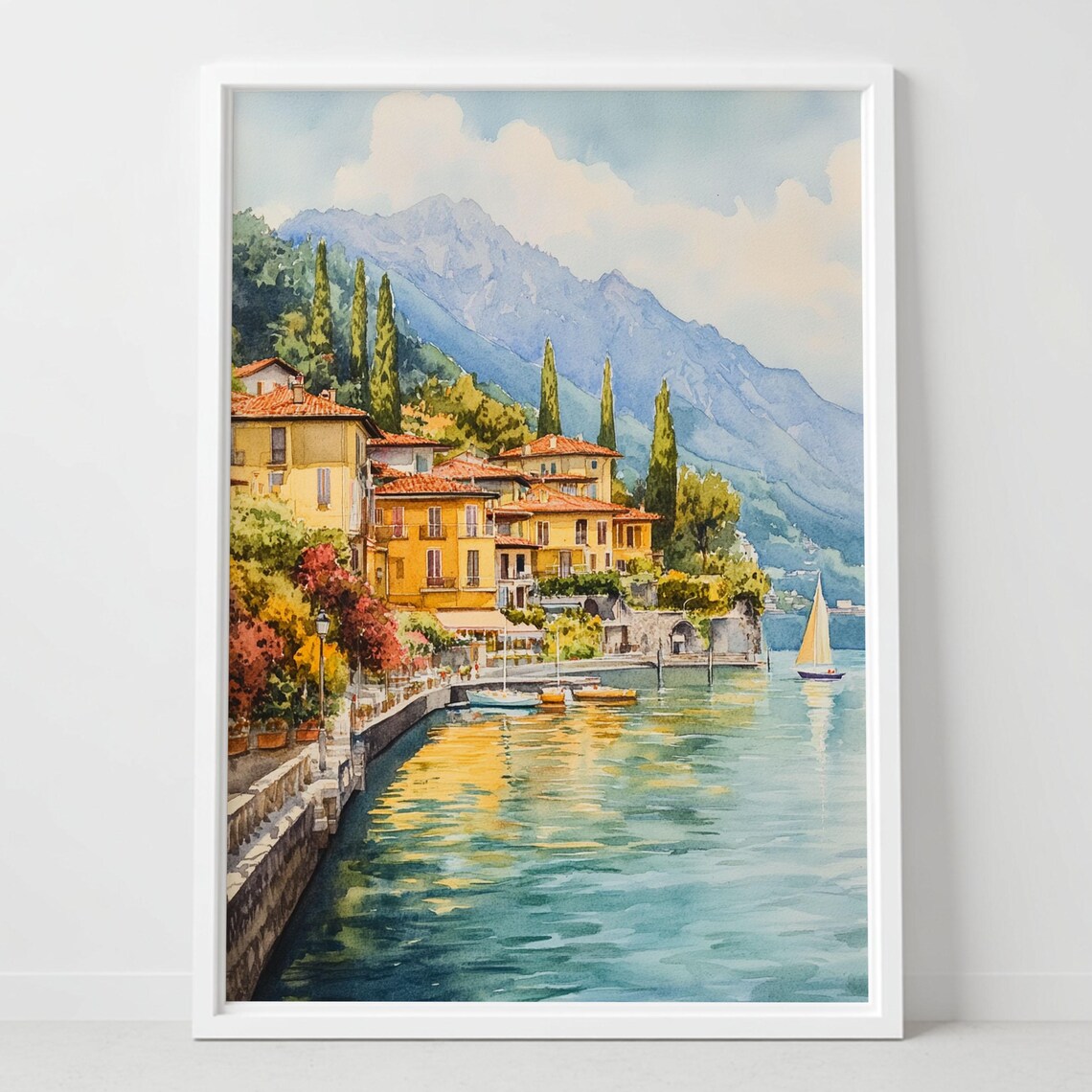 Lake Como Italy Watercolor Village Poster Cypress Trees Sailboat