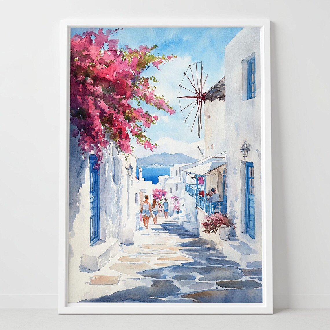 Mykonos Greece Windmill And Whitewashed Alley Watercolor Travel Poster