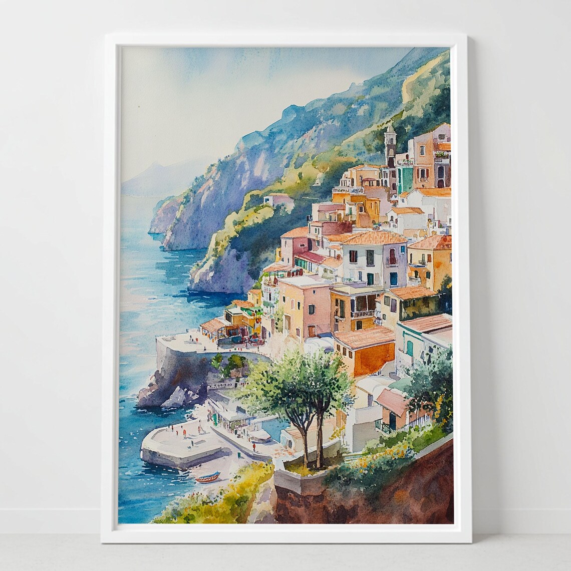 Mediterranean Cliffside Coastal Town Pastel Houses Watercolor Poster