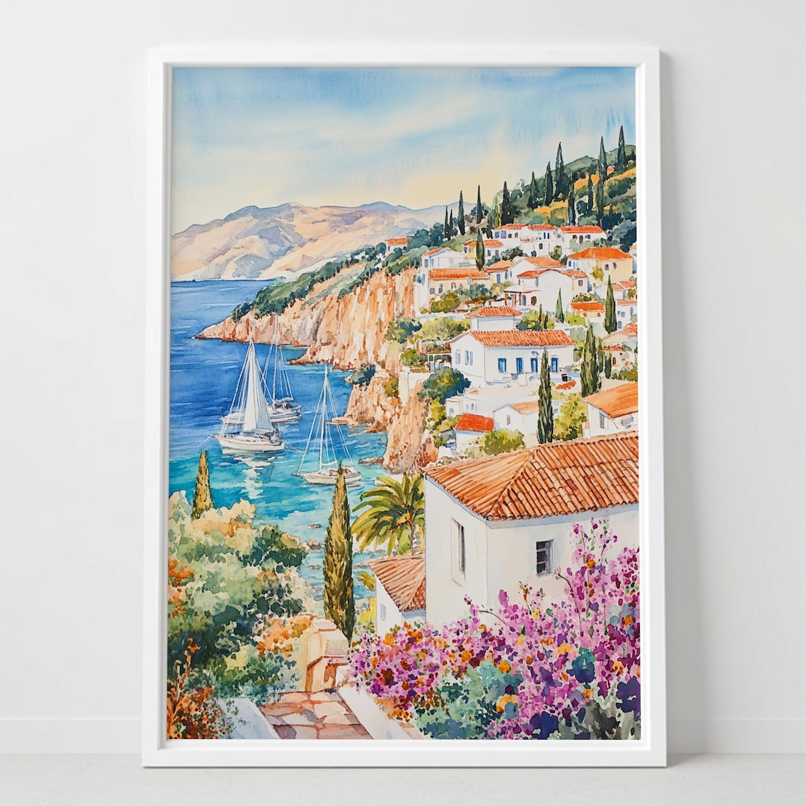 Greek Island Coastal Village Bougainvillea Watercolor Travel Poster