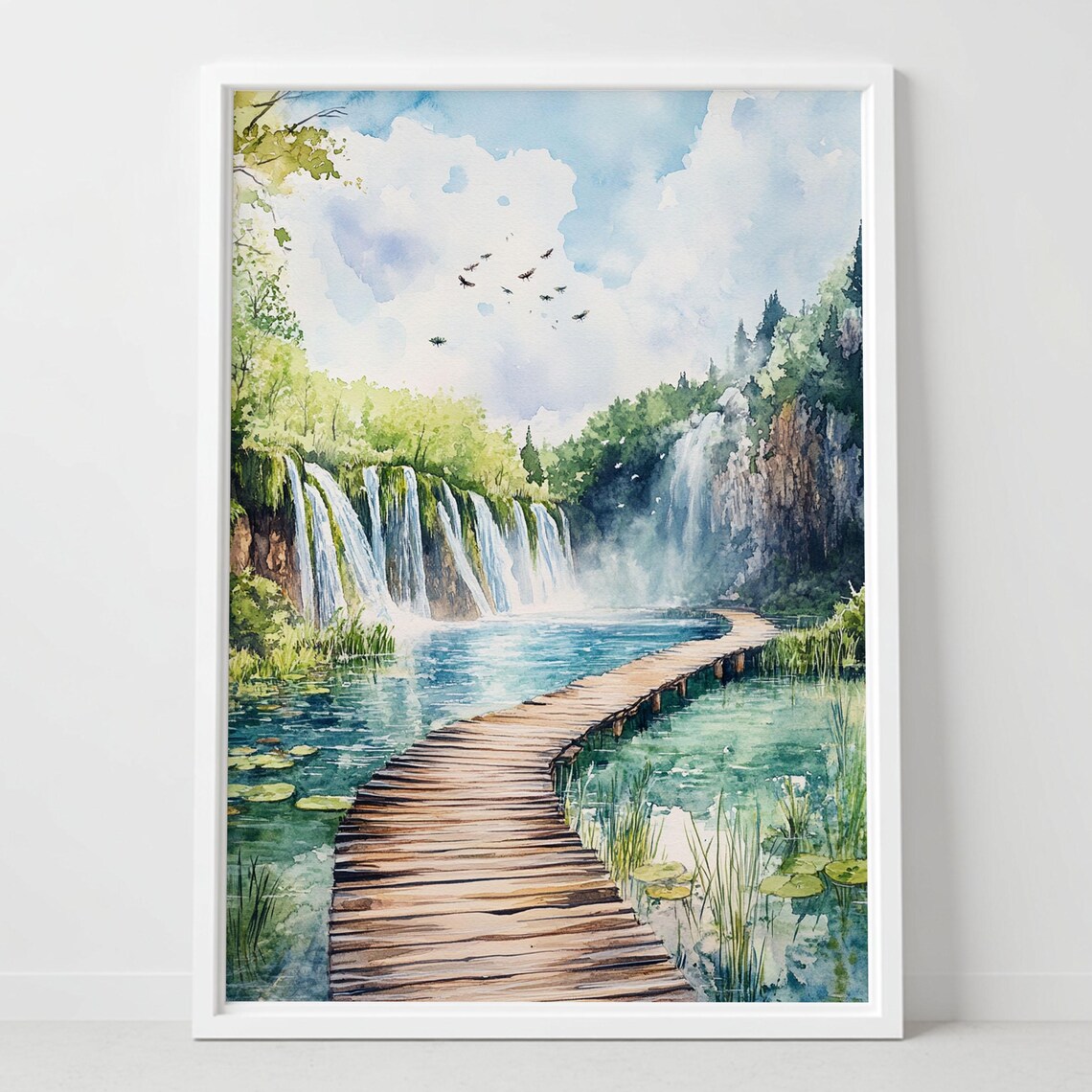 Plitvice Lakes Croatia Waterfall Boardwalk Watercolor Nature Poster