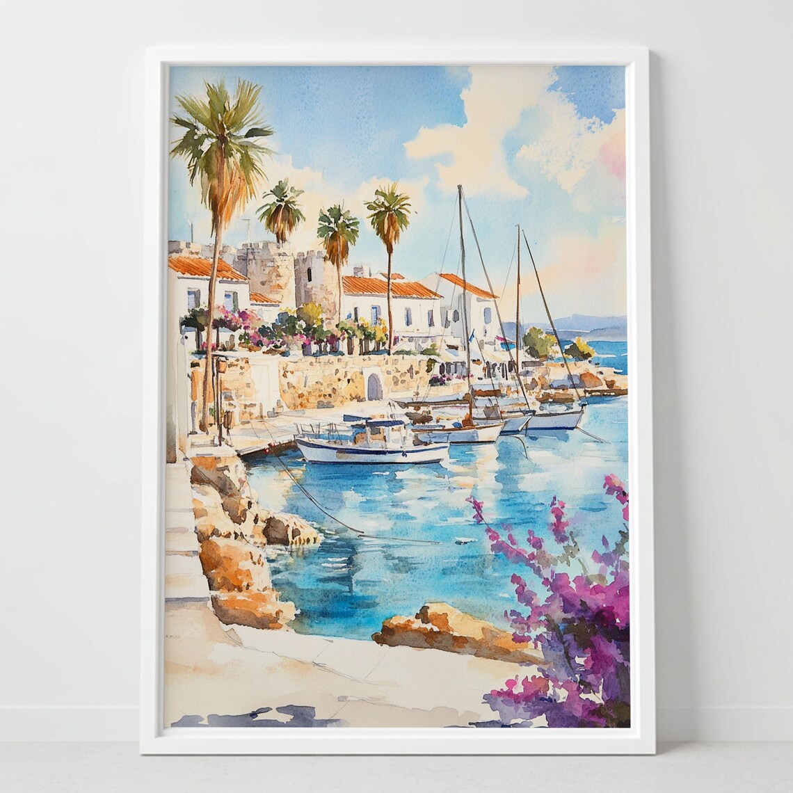 Paphos Harbor Cyprus Coastal Watercolor Mediterranean Art Poster