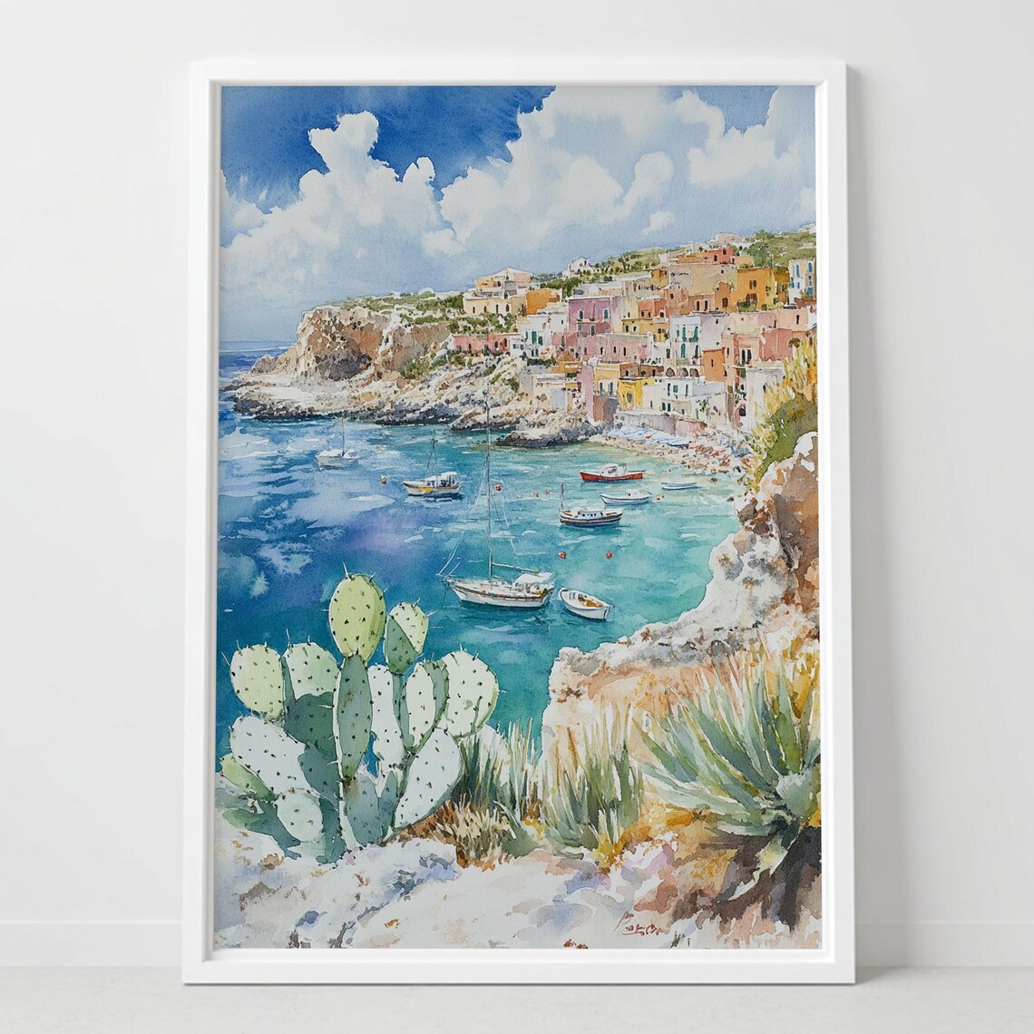 Mediterranean Cove Colorful Village Cactus Watercolor Poster