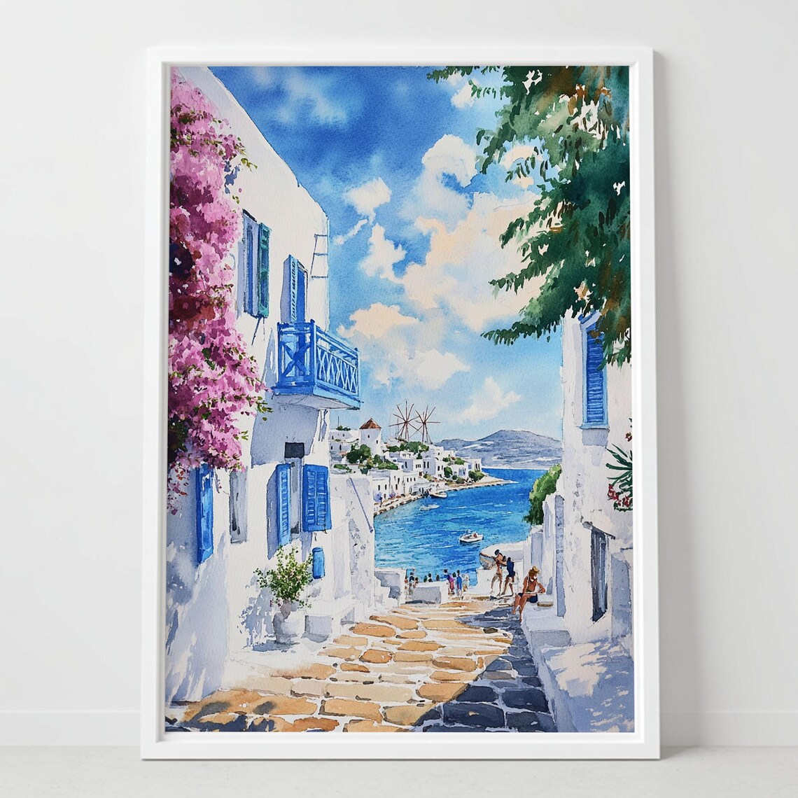 Greek Island Aegean Sea Whitewashed Village Watercolor Coastal Poster