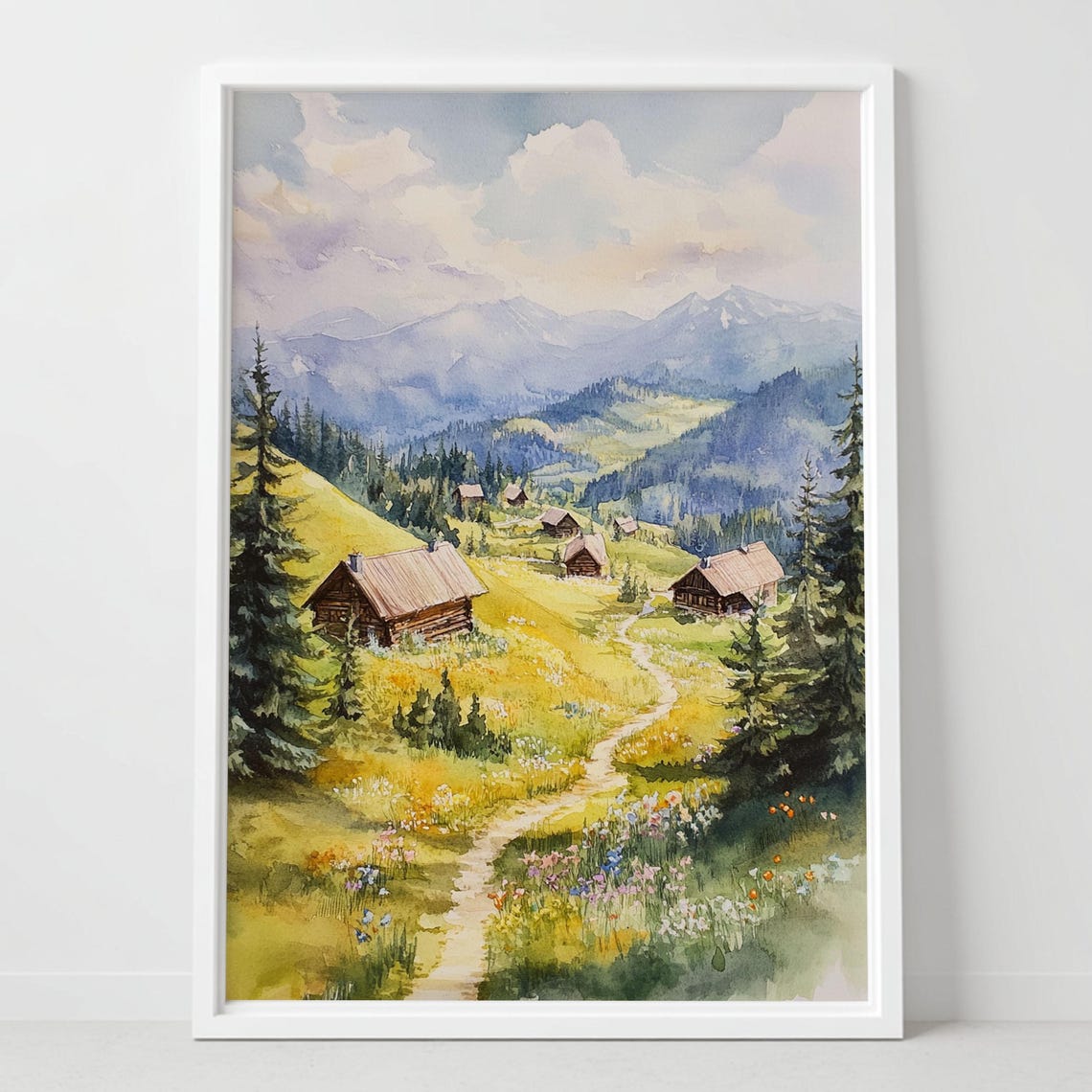 Alpine Mountain Cabins Wildflower Meadow Summer Watercolor Poster