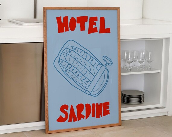 Hotel Sardine Poster Kitchen Wall Art Retro Food Art Sardines Tin Print Mid Century Print Fish Market Print Tinned Fish Print