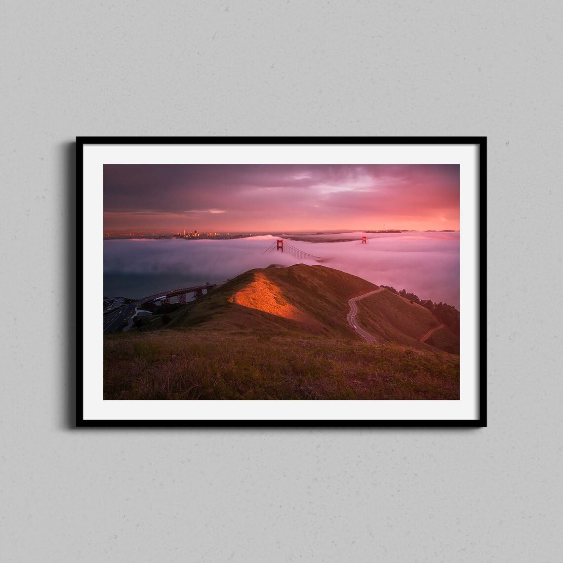 Golden Gate Bridge Fog Sunset Pink Sky Over Marin Photography Print
