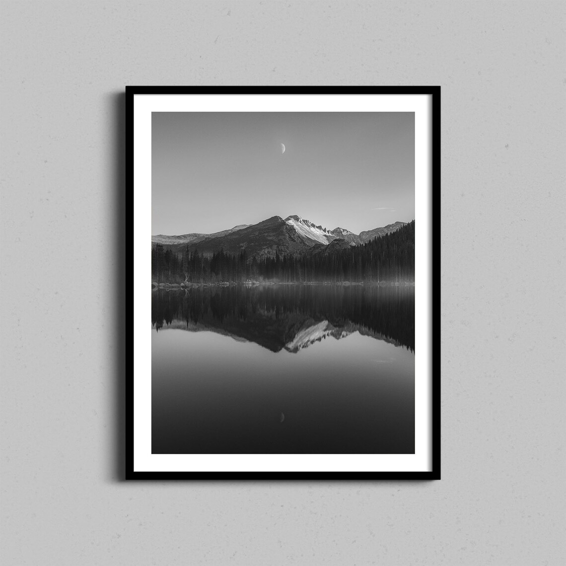 Black And White Snowy Mountain Lake Reflection Moon Photo Poster