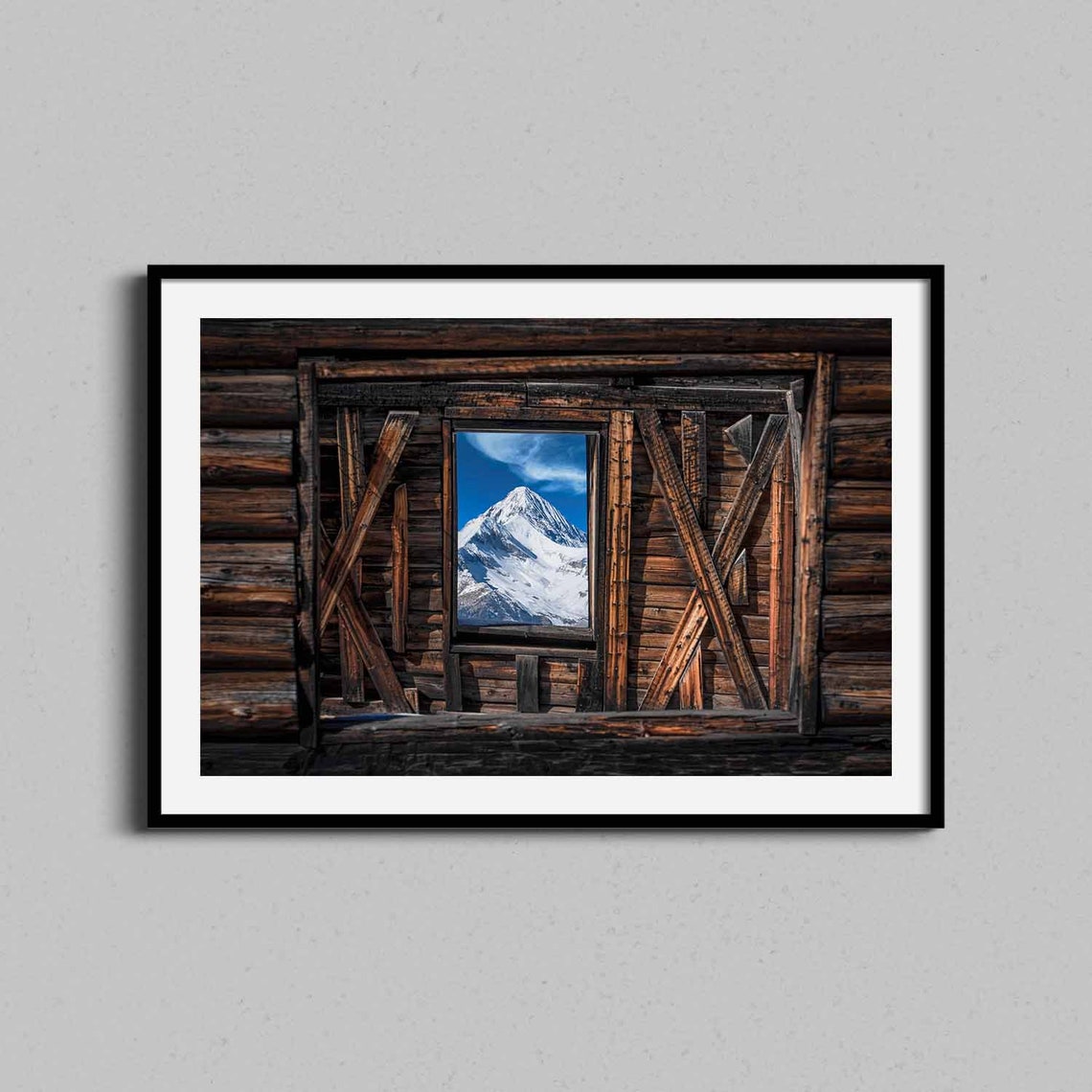 Snowy Mountain Peak Seen Through Rustic Wooden Window Poster