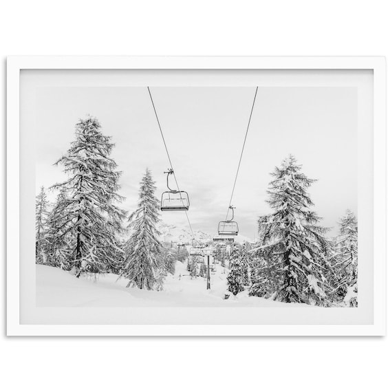 Fine Art Ski Lift Print Framed Black And White Photography Winter Wall Mountain Cabin Snowboard Home Decor