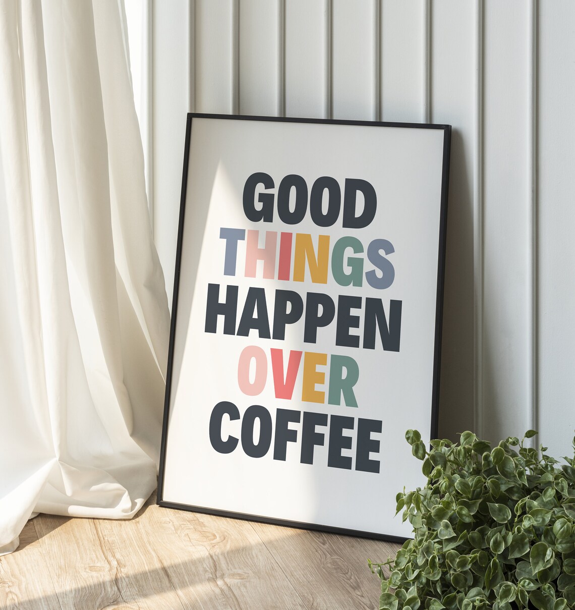 Good Things Happen Over Coffee Wall Art Colorful Inspirational Typography Cute Kitchen Print Coffee Lover Poster - Image 2