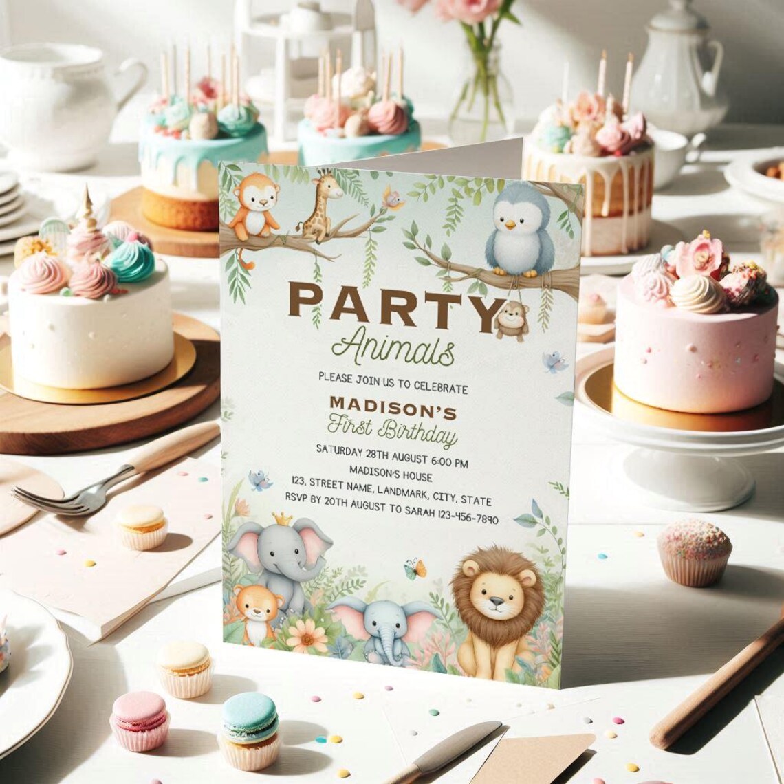 Party Animals Madison First Birthday Safari Invitation Print - Image 2