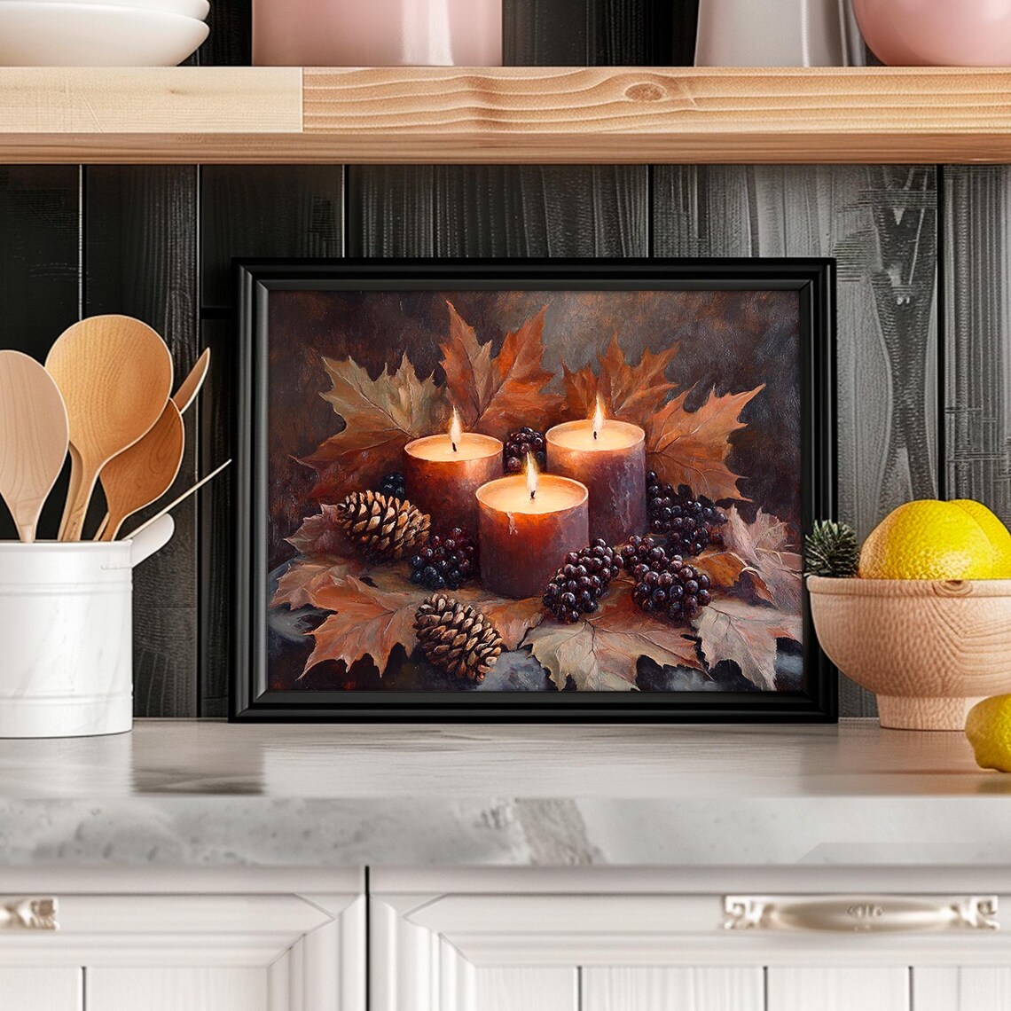 Three Glowing Candles With Autumn Leaves Pinecones Rustic Cozy Fall Poster - Image 6