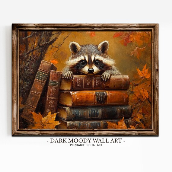 Vintage Raccoon On Stacked Antique Books Fall Autumn Leaves Wall Art