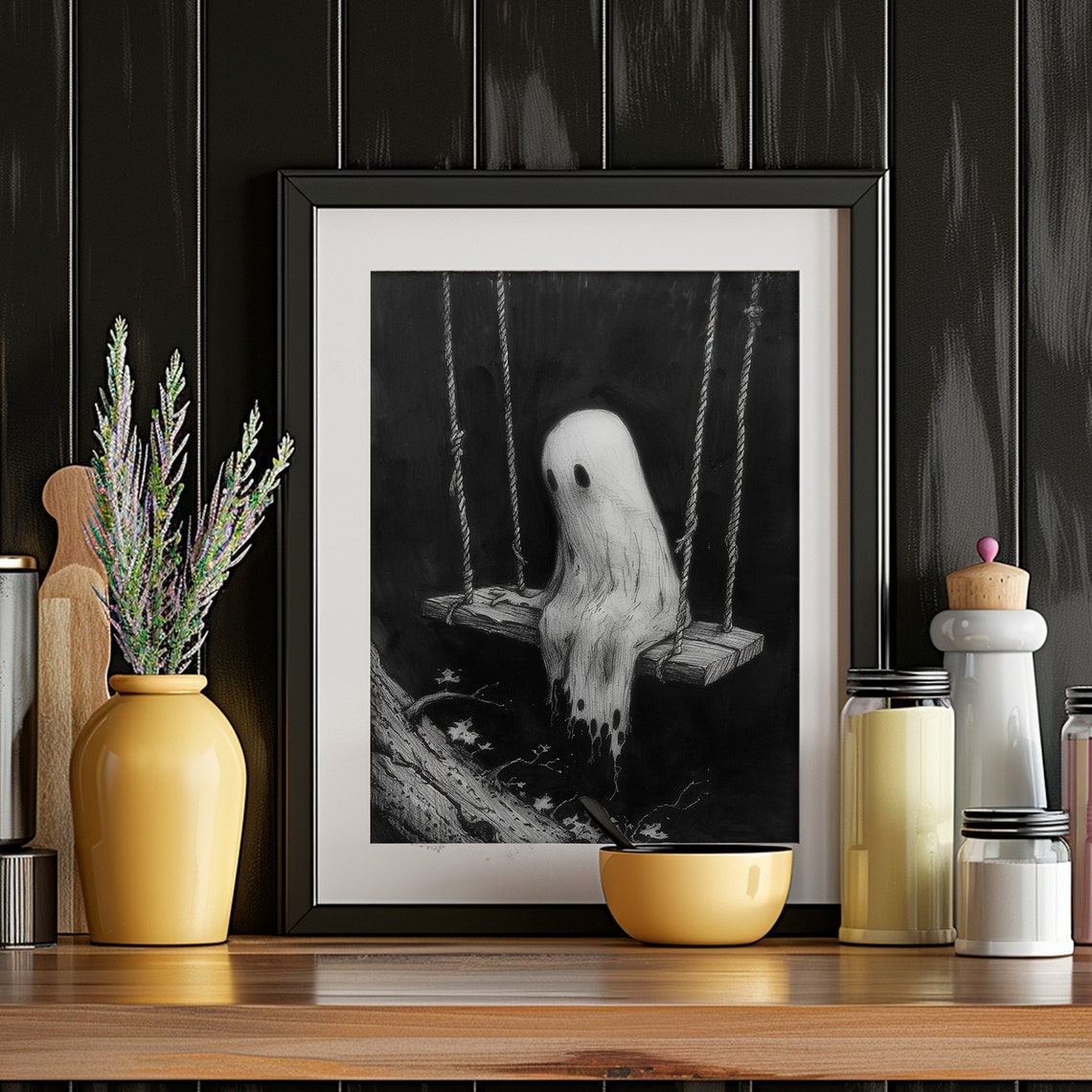 Lonely Ghost On Rope Swing Dark Monochrome Halloween Art Print - Image 2