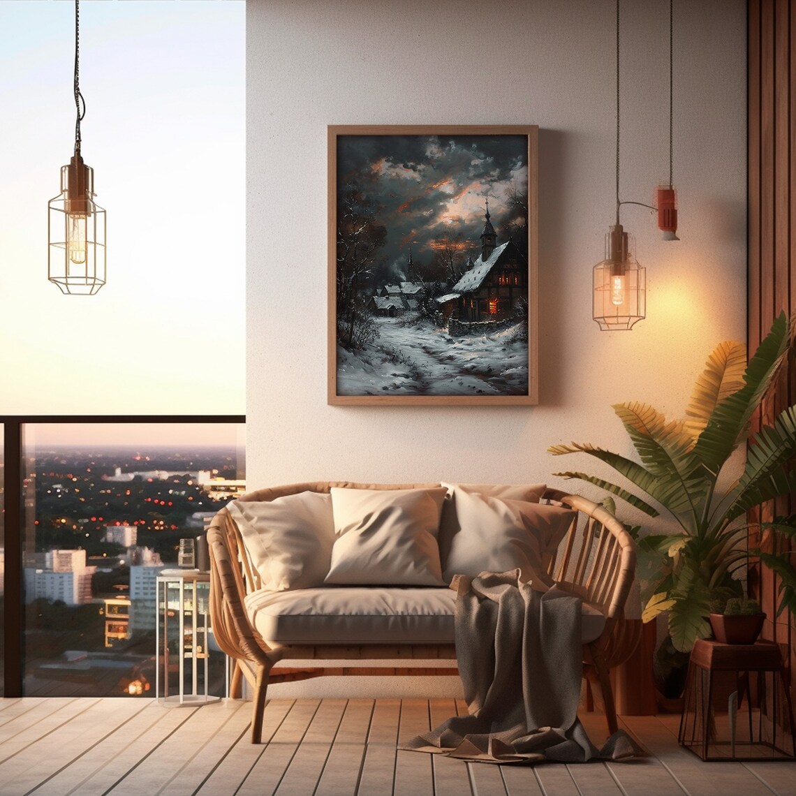 Dark Winter Village, Moody Christmas Rustic Art - Image 4