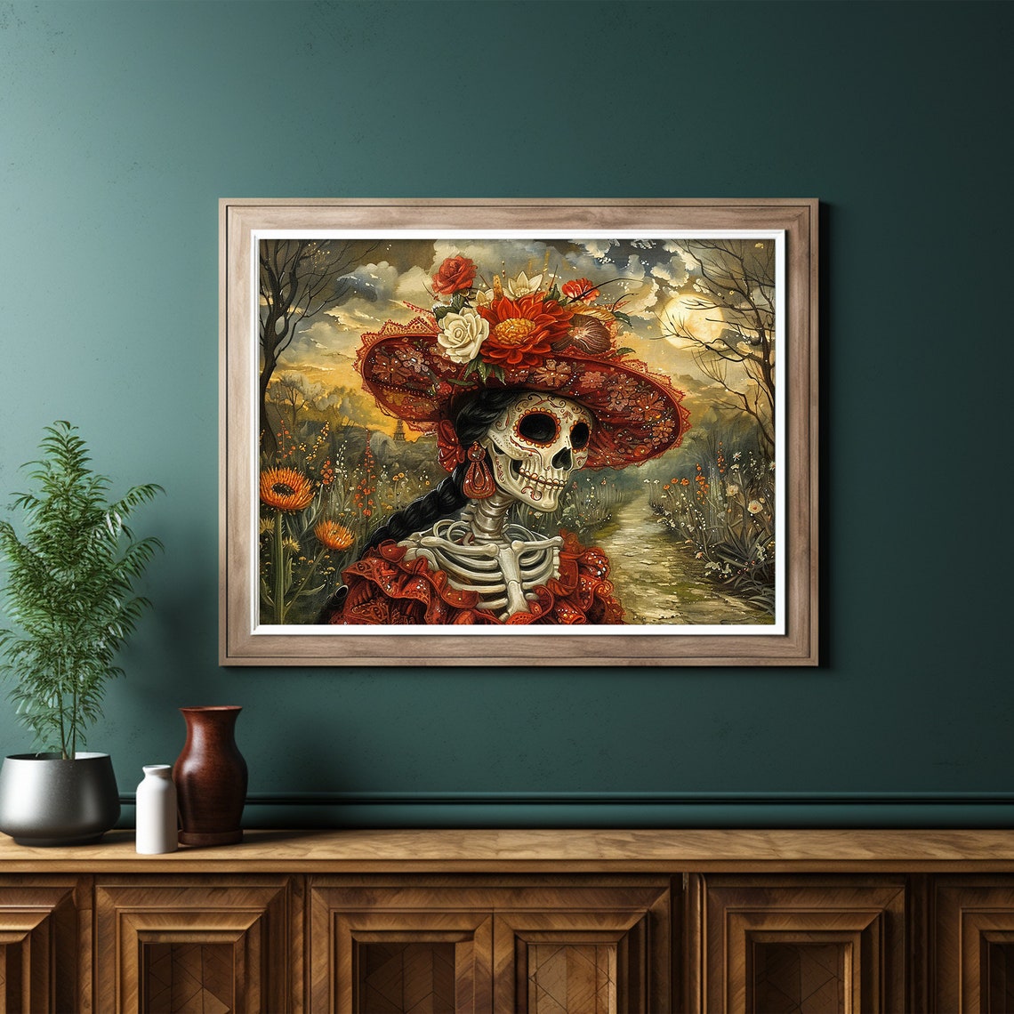 Catrina Red Flower Hat Moonlit Garden Dia de los Muertos Poster - Image 6