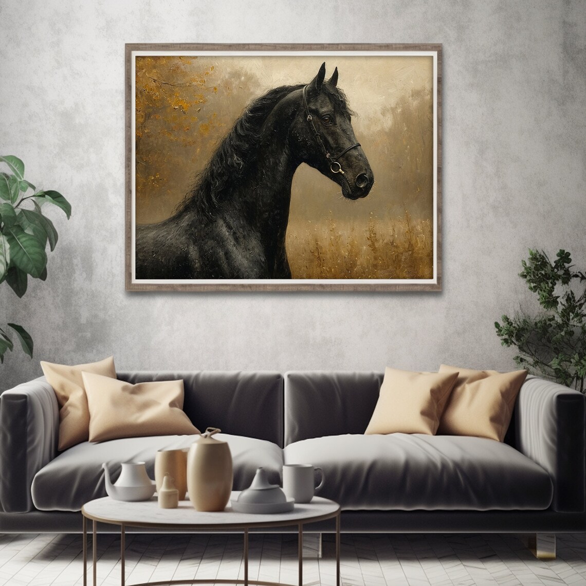 Black Horse Portrait Golden Autumn Moody Equestrian Painting Poster - Image 4