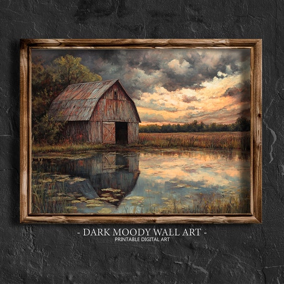 Barn Wall Art Moody Fall Landscape Painting Dark Cottagecore Print Rustic Farmhouse Wall Decor Country Autumn Painting