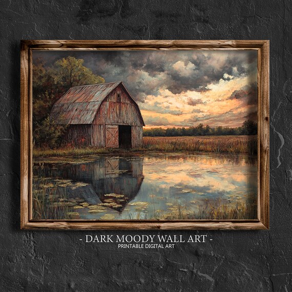 Rustic Red Barn Pond Reflection Sunset Farmland Country Art Poster