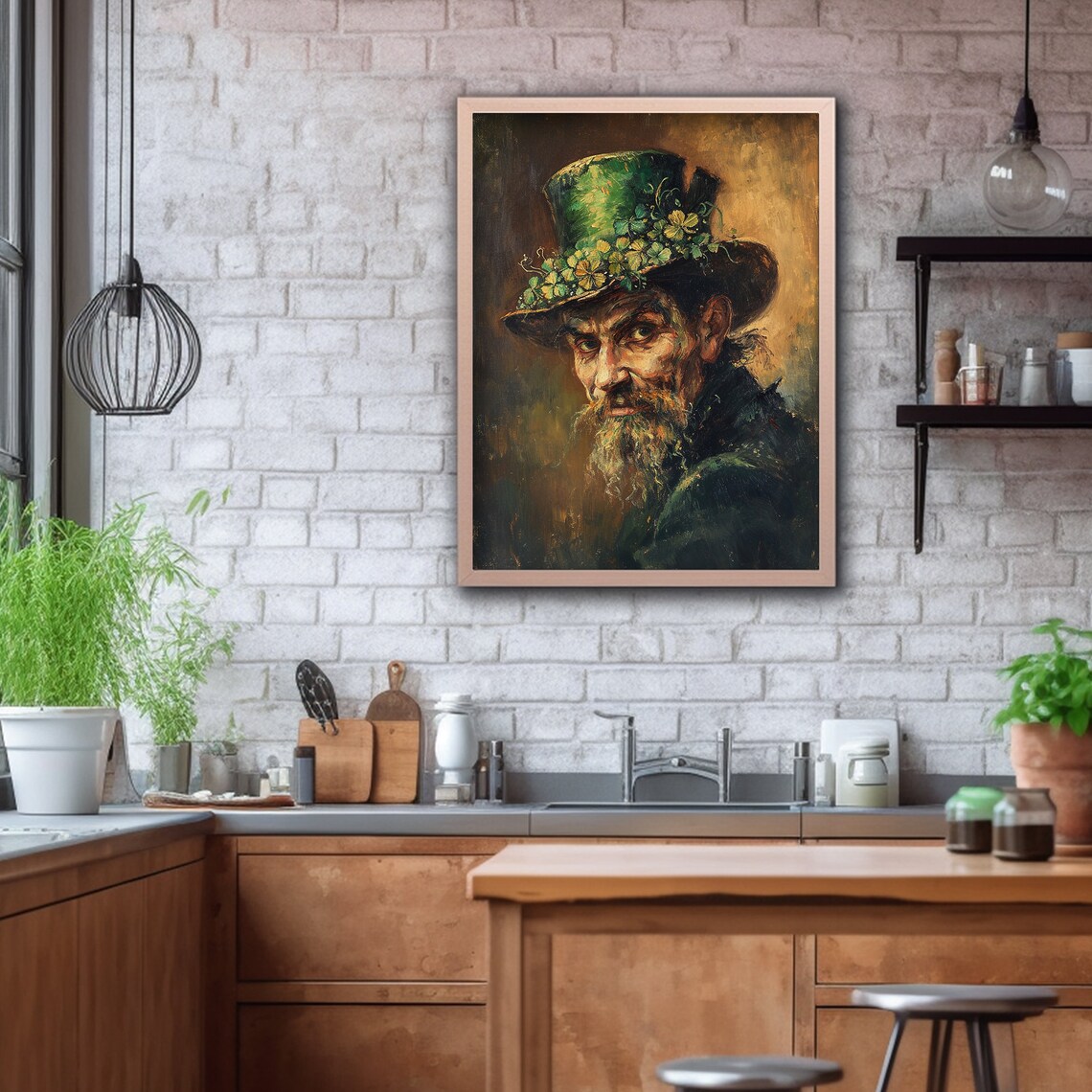 Old Irish Man Green Hat Shamrock Portrait Oil Painting Poster - Image 2