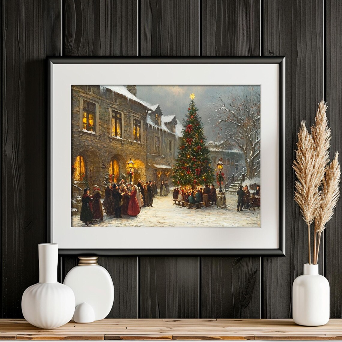 Vintage Christmas Village Wall Art Victorian City Town Street During Christmas Winter Snowy Painting Print - Image 4
