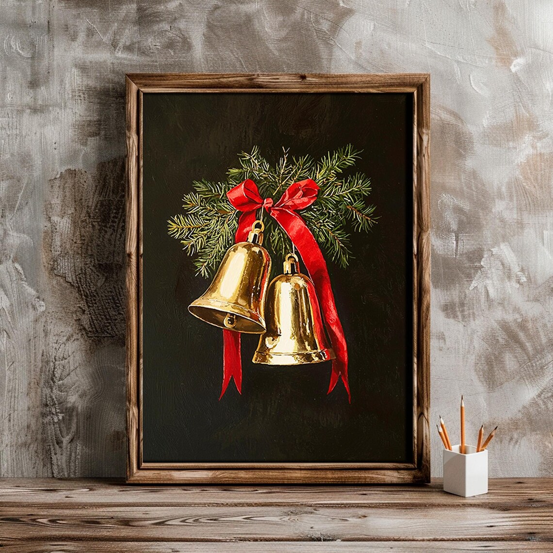 Vintage Gold Christmas Bells With Red Ribbon Pine Holiday Wall Art - Image 5