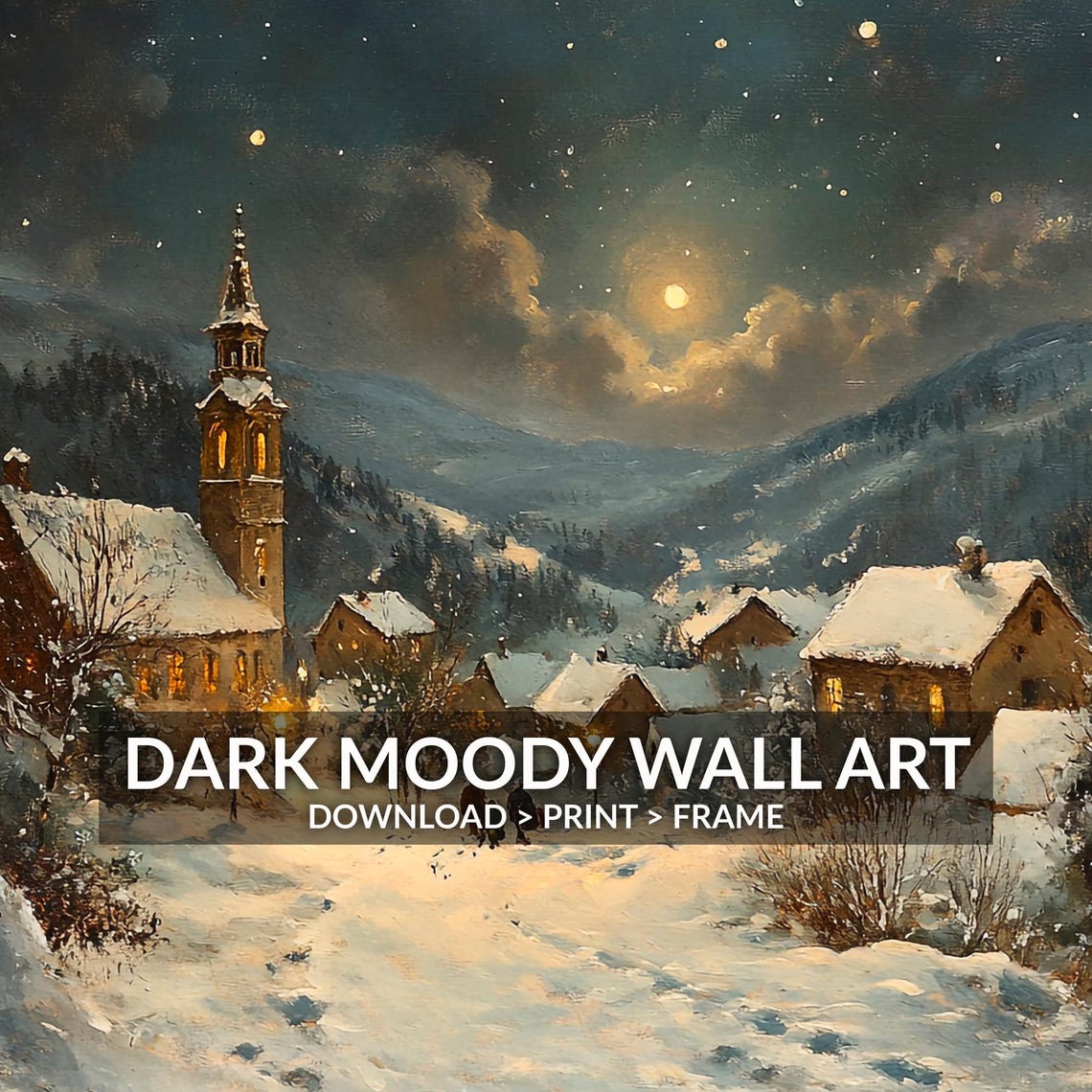 Snowy Village Church Starry Night Mountain Winter Painting Poster - Image 5
