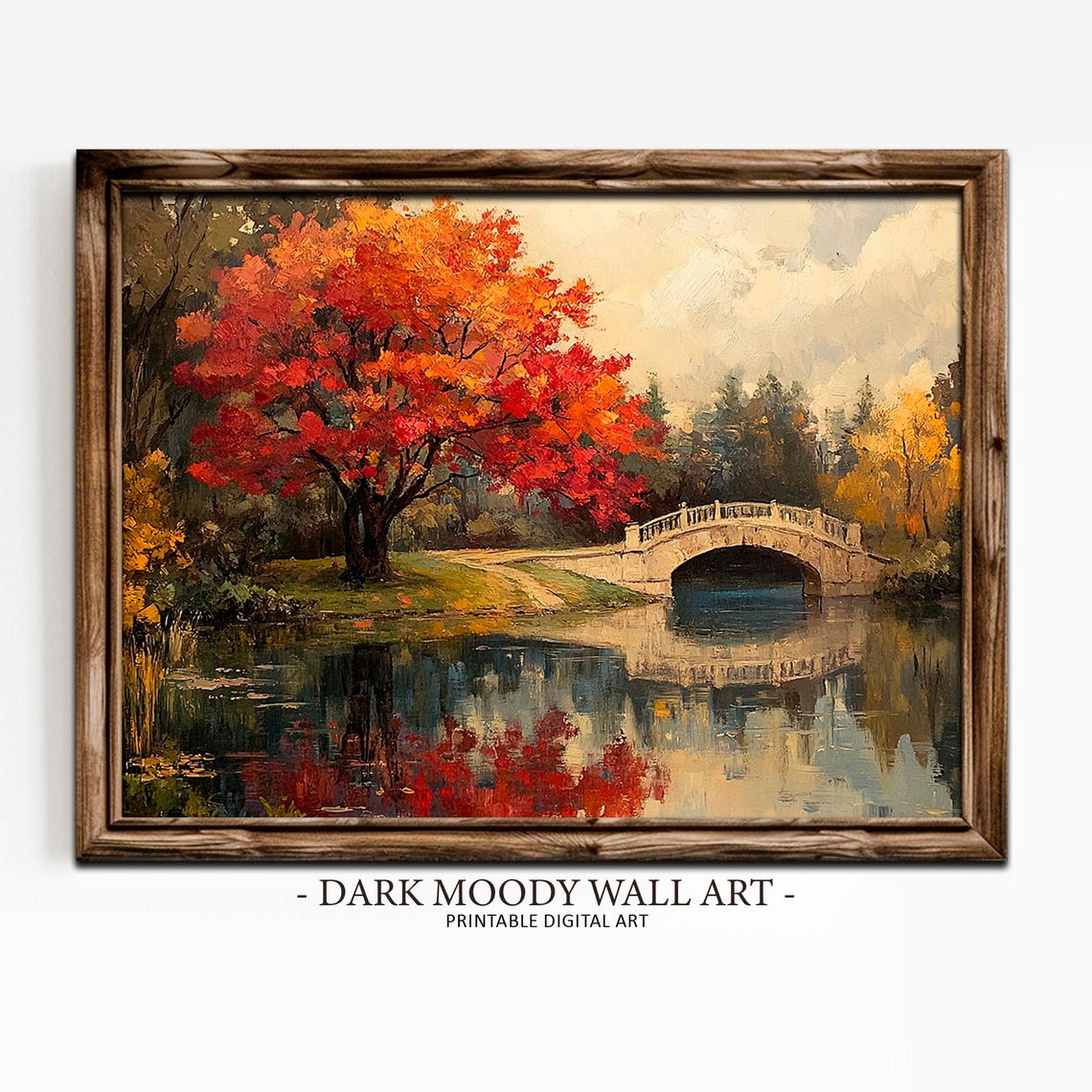 Fall Garden Landscape Prints Autumn Pond Bridge Wall Art Moody Autumn Painting