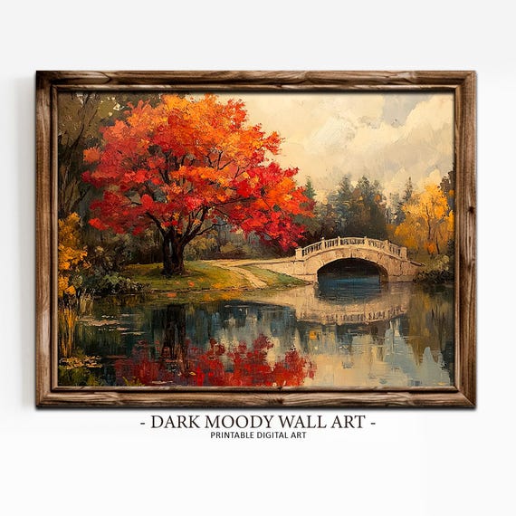 Fall Garden Landscape Prints Autumn Pond Bridge Wall Art Moody Autumn Painting
