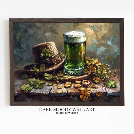 St Patricks Day Hat And Beer Prints Rustic Clover Wall Art Irish Art Gifts Irish Wall Decor Shamrock Print Decor