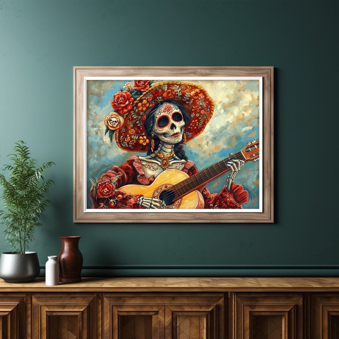 Catrina Skeleton Woman Guitar Red Dress Sombrero Folk Art Poster - Image 6