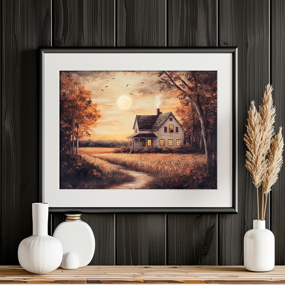 Country Farmhouse Full Moon Birds Wheat Field Glowing Windows Poster - Image 2