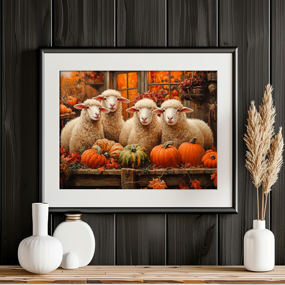 Sheep And Pumpkins Farm Stand Autumn Harvest Painting Wall Art - Image 4