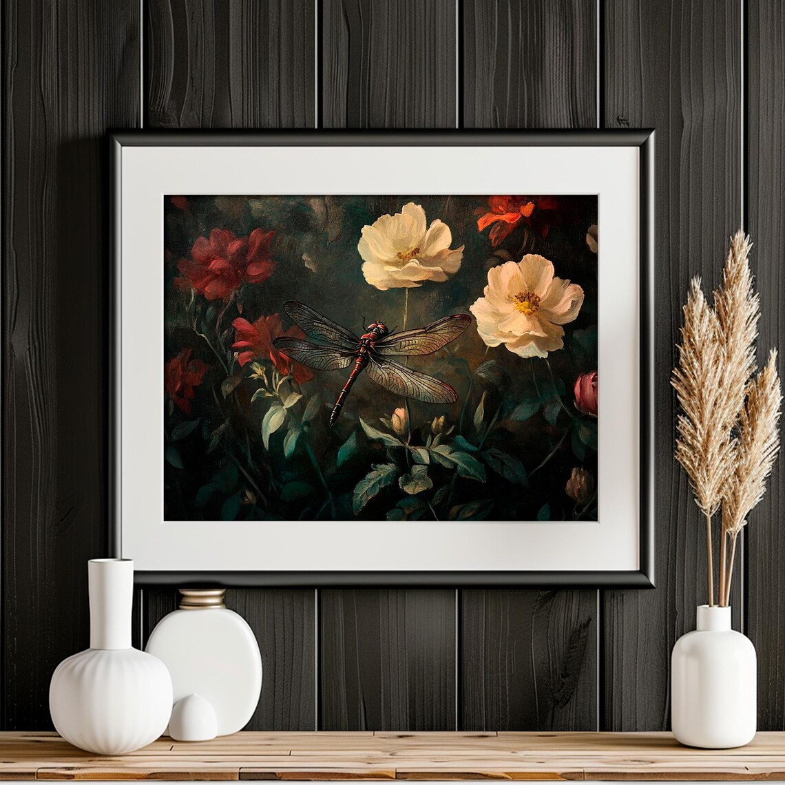 Vintage Dragonfly Resting Among Dark Garden Flowers Moody Wall Art - Image 5