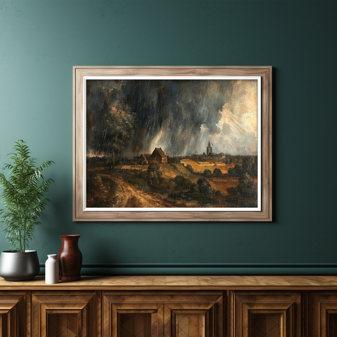 Rainy Countryside Landscape Farm Village Storm Painting Poster - Image 6