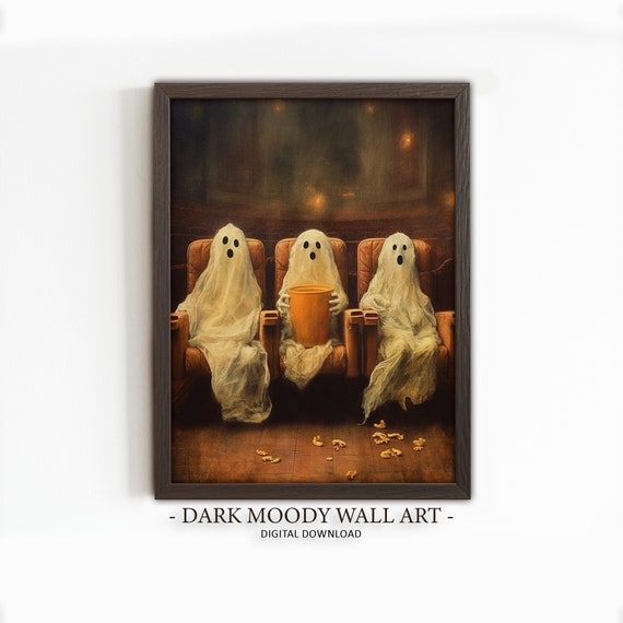 Cute Ghost Print Moody Haunted Halloween Art Gothic Ghosts Watching Movie Painting Decor