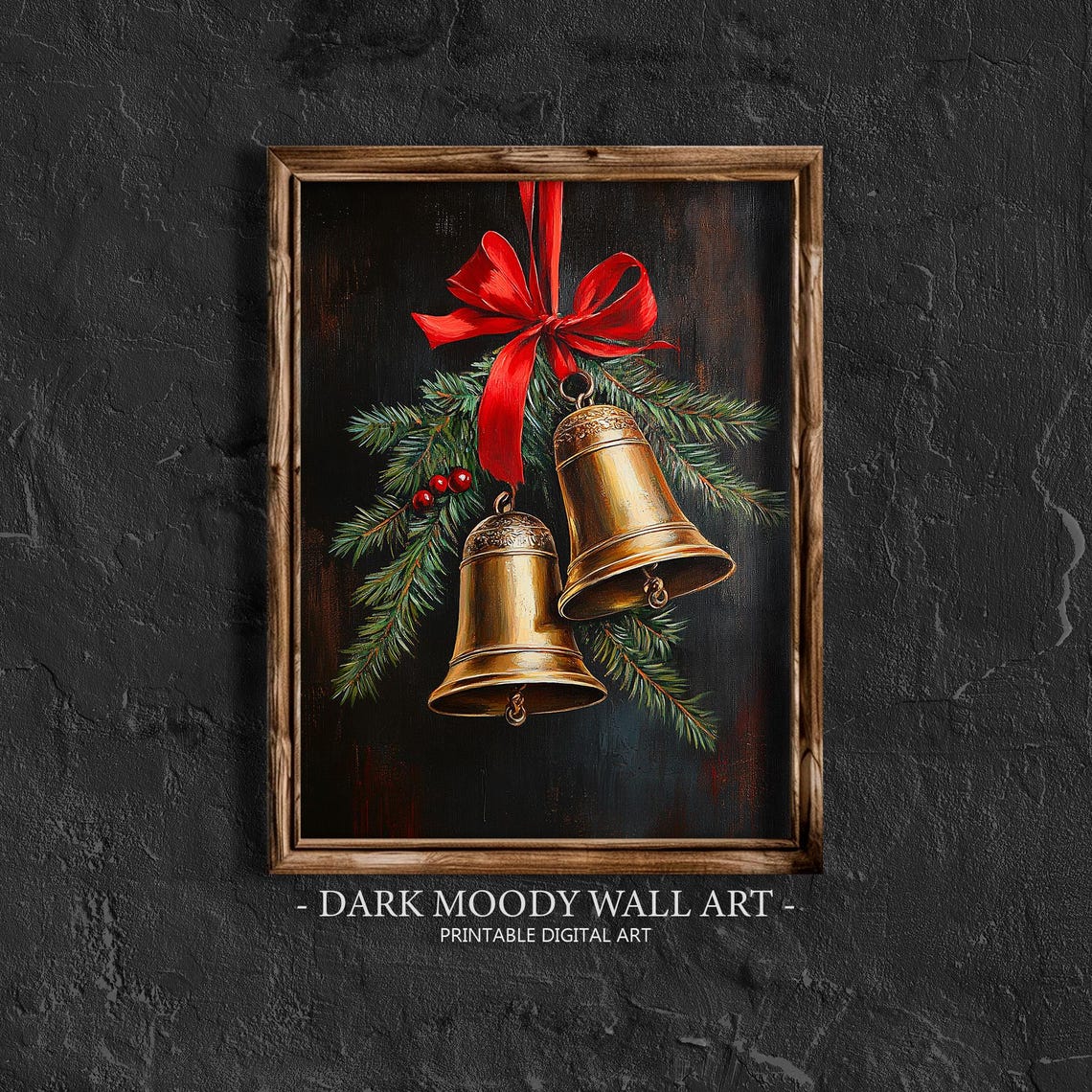 Gold Christmas Bells With Red Bow Pine Berries Dark Moody Wall Art