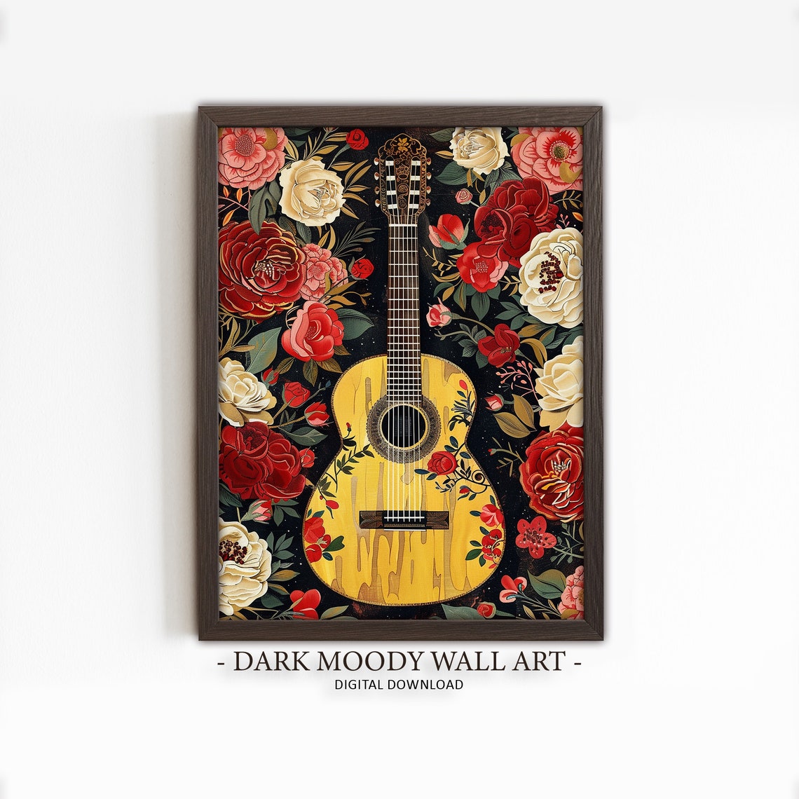 Classical Guitar Red Roses Dark Floral Music Painting Poster
