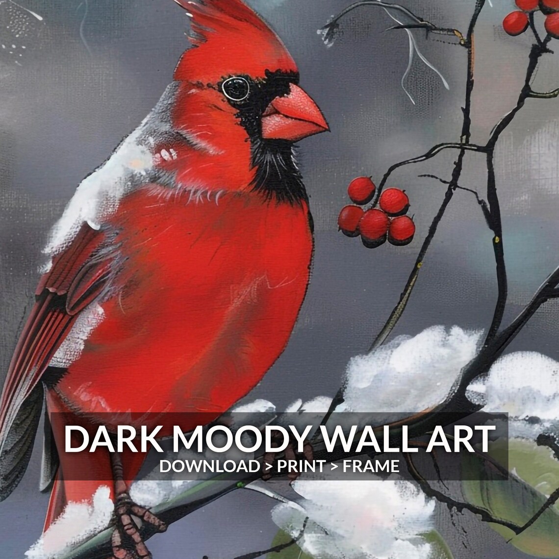 Red Cardinal Snow Winter Painting Red Berries Branch Bird Poster - Image 2
