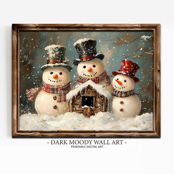 Rustic Snowman Family Christmas Wall Art Print