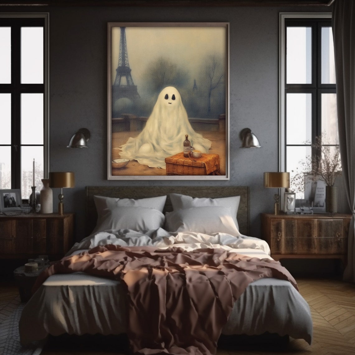 Cute Ghost Print Moody Haunted Halloween Art Gothic Ghost In Paris Painting Decor - Image 3