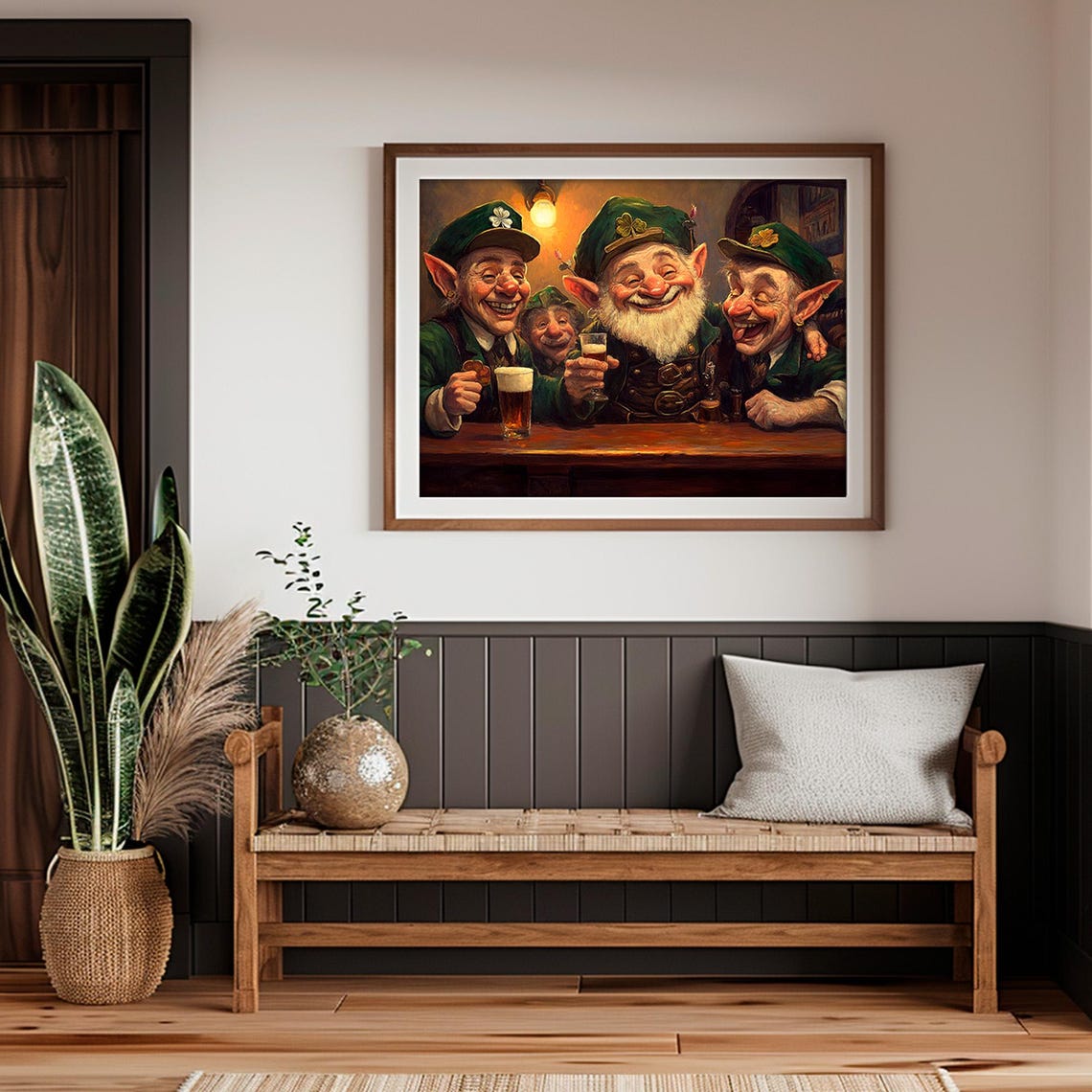 Leprechaun In Irish Pub Print Vintage St Patricks Day Decor Dark Moody Gnomes Painting - Image 5