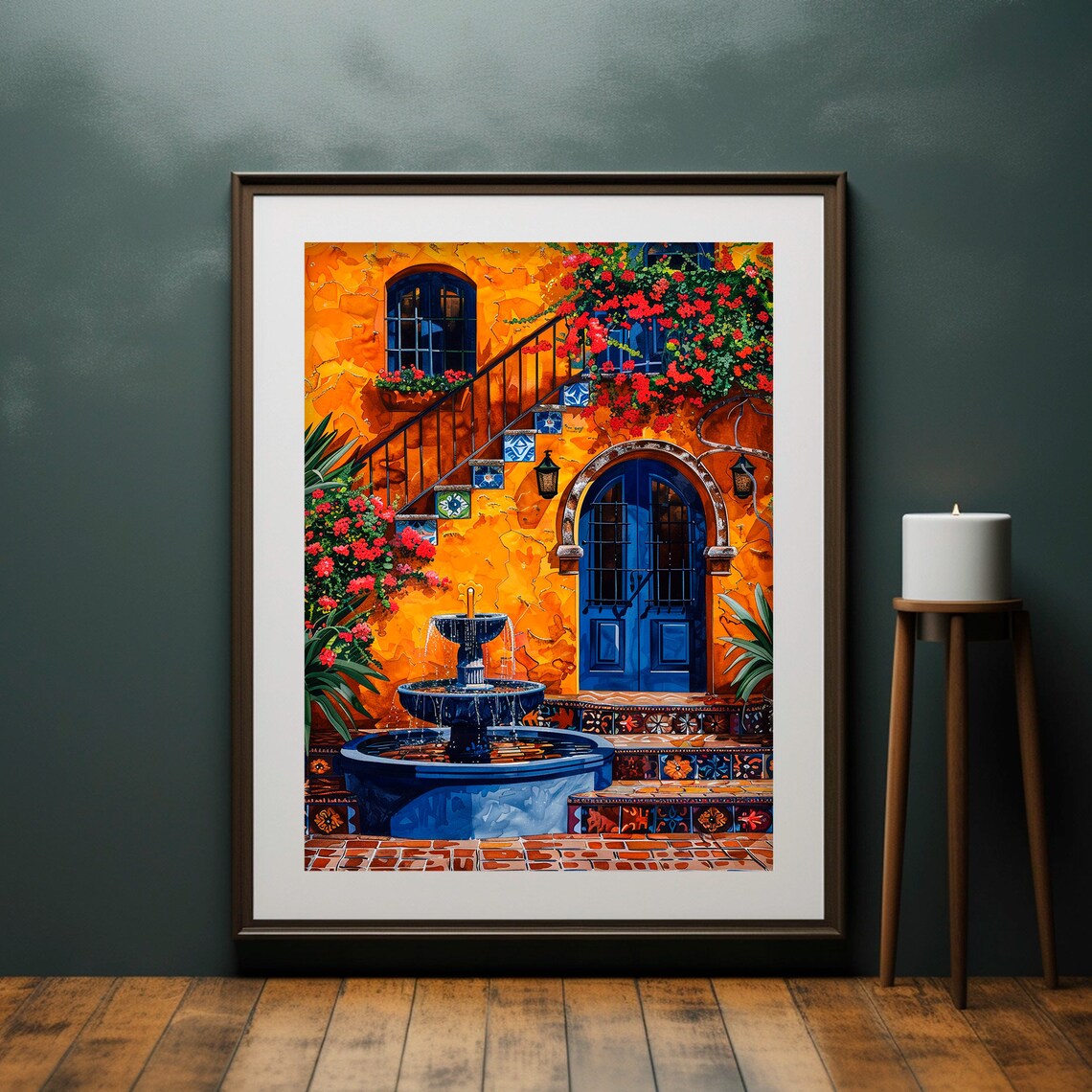 Mexican Courtyard Blue Fountain Orange Wall Stairs Bougainvillea Art Print - Image 2