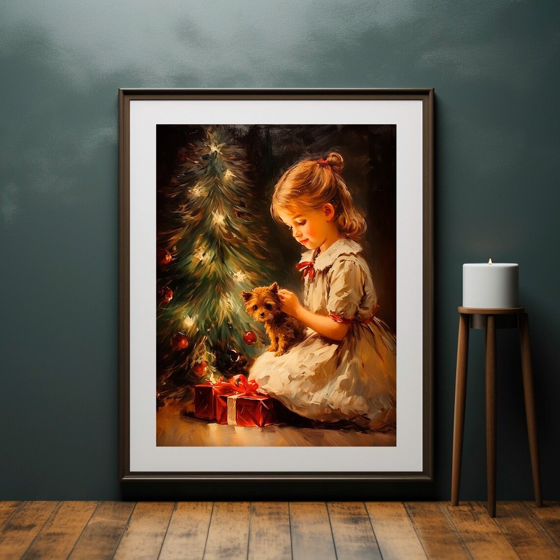 Victorian Girl With Puppy Christmas Tree Warm Painting Poster - Image 4