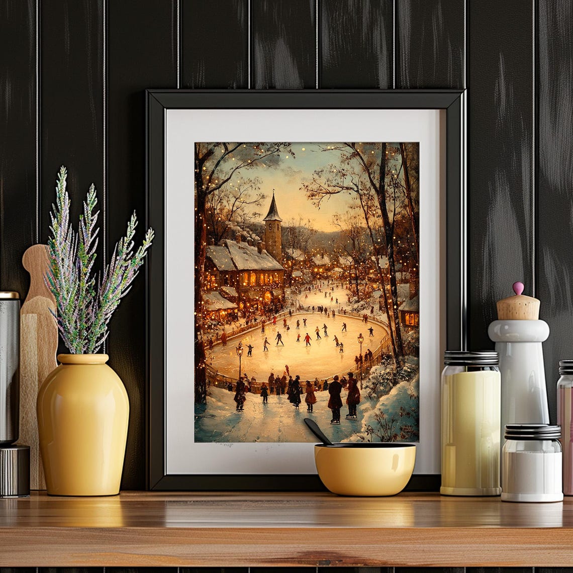 Village Ice Rink Skaters Dusk Crowds Winter Vintage Painting Poster - Image 6