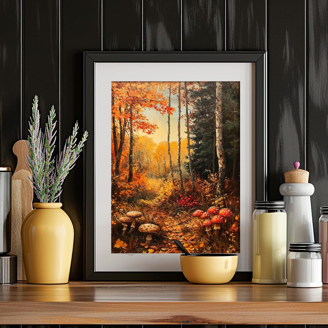 Mushrooms Leafy Forest Path Glowing Orange Canopy Autumn Wall Art - Image 4
